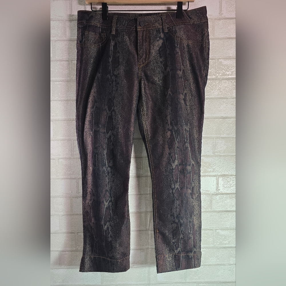 Ana Petite Snakeskin Print Stretch Crop Pants Dark Brown Black Women's 12P